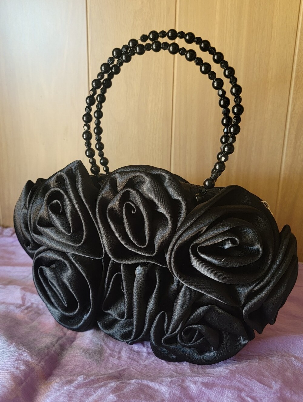 Black Satin Rosebud Cluster Evening Bag - Elegant Women's Handbag